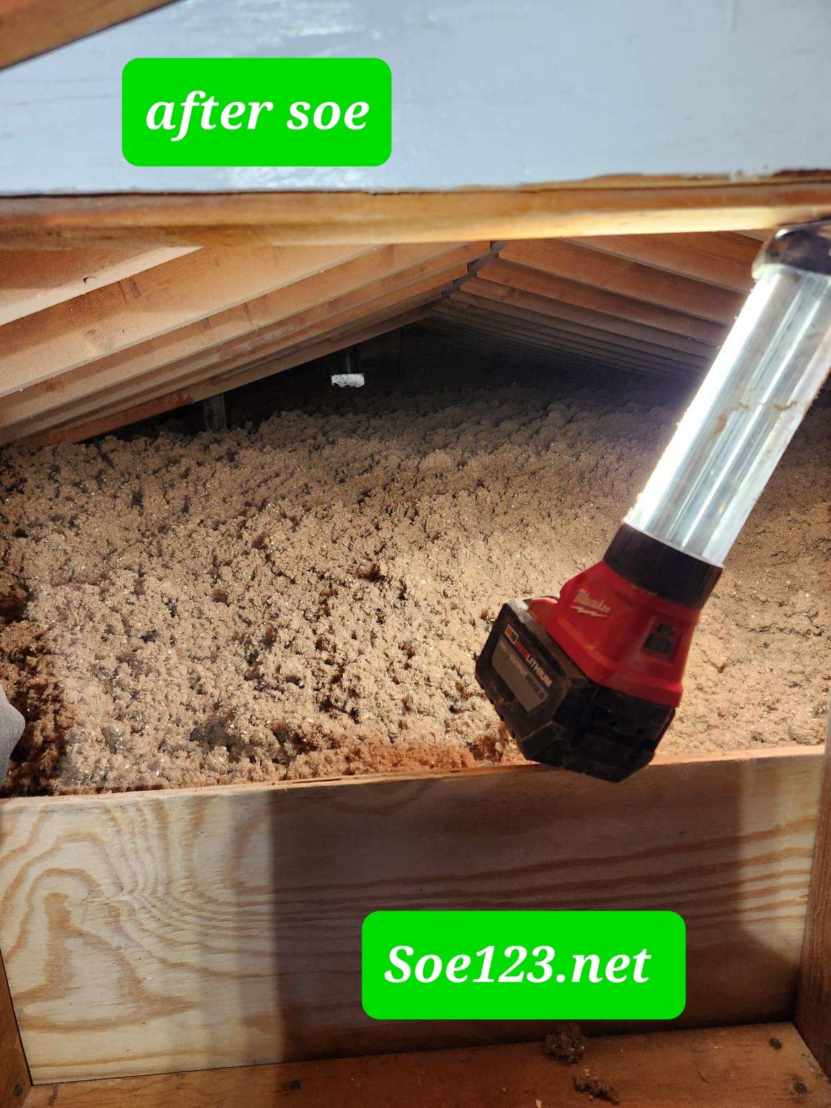 A picture of a flashlight in an attic before and after soe.