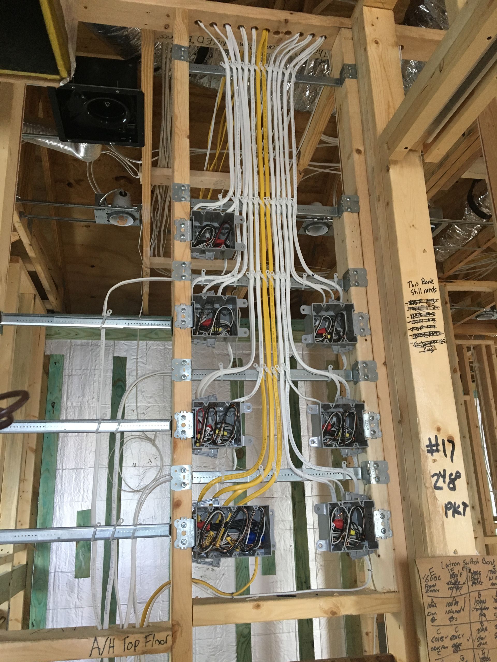 A bunch of wires are hanging from the ceiling of a building.