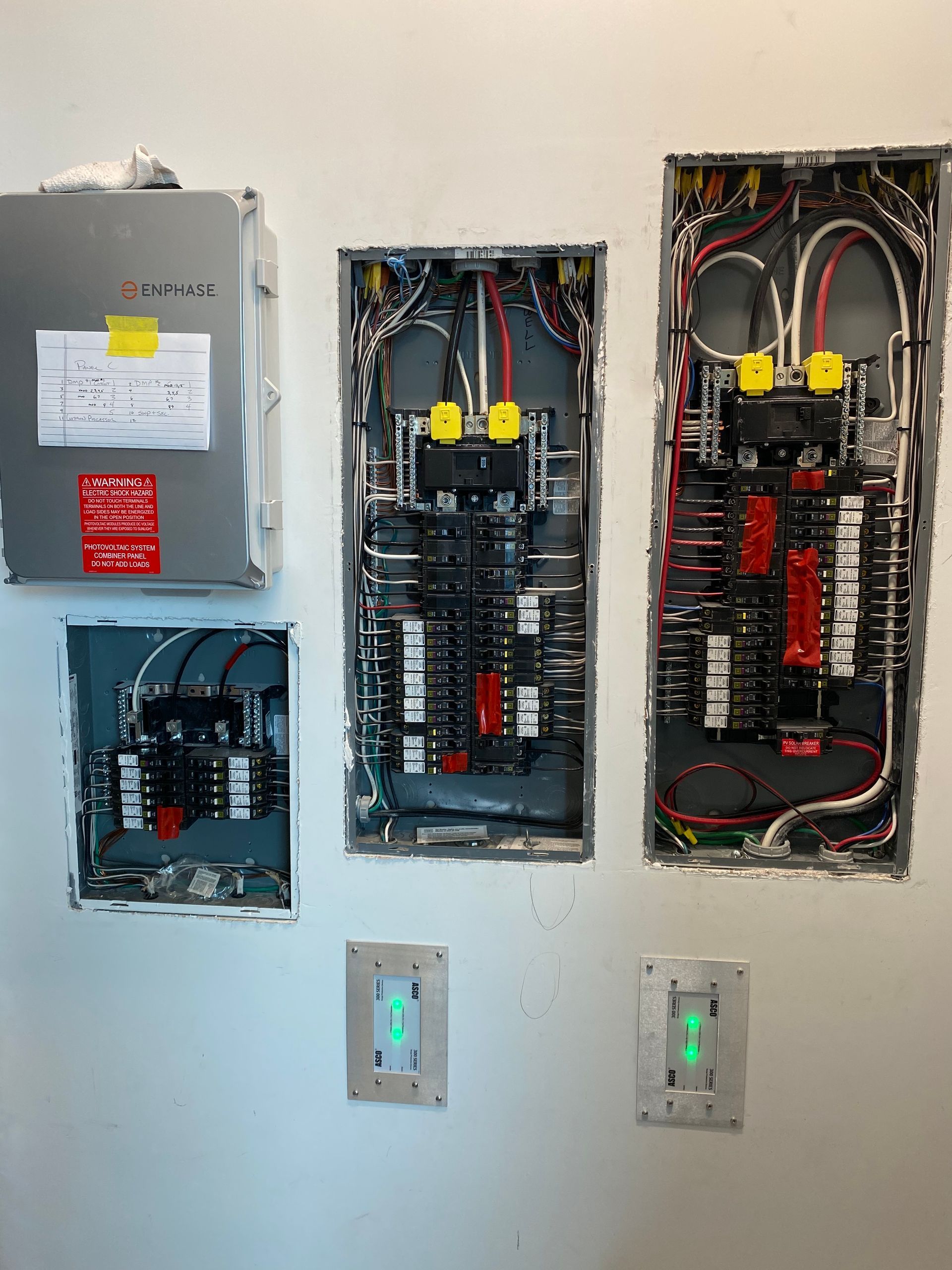 Three electrical panels are sitting on a white wall.