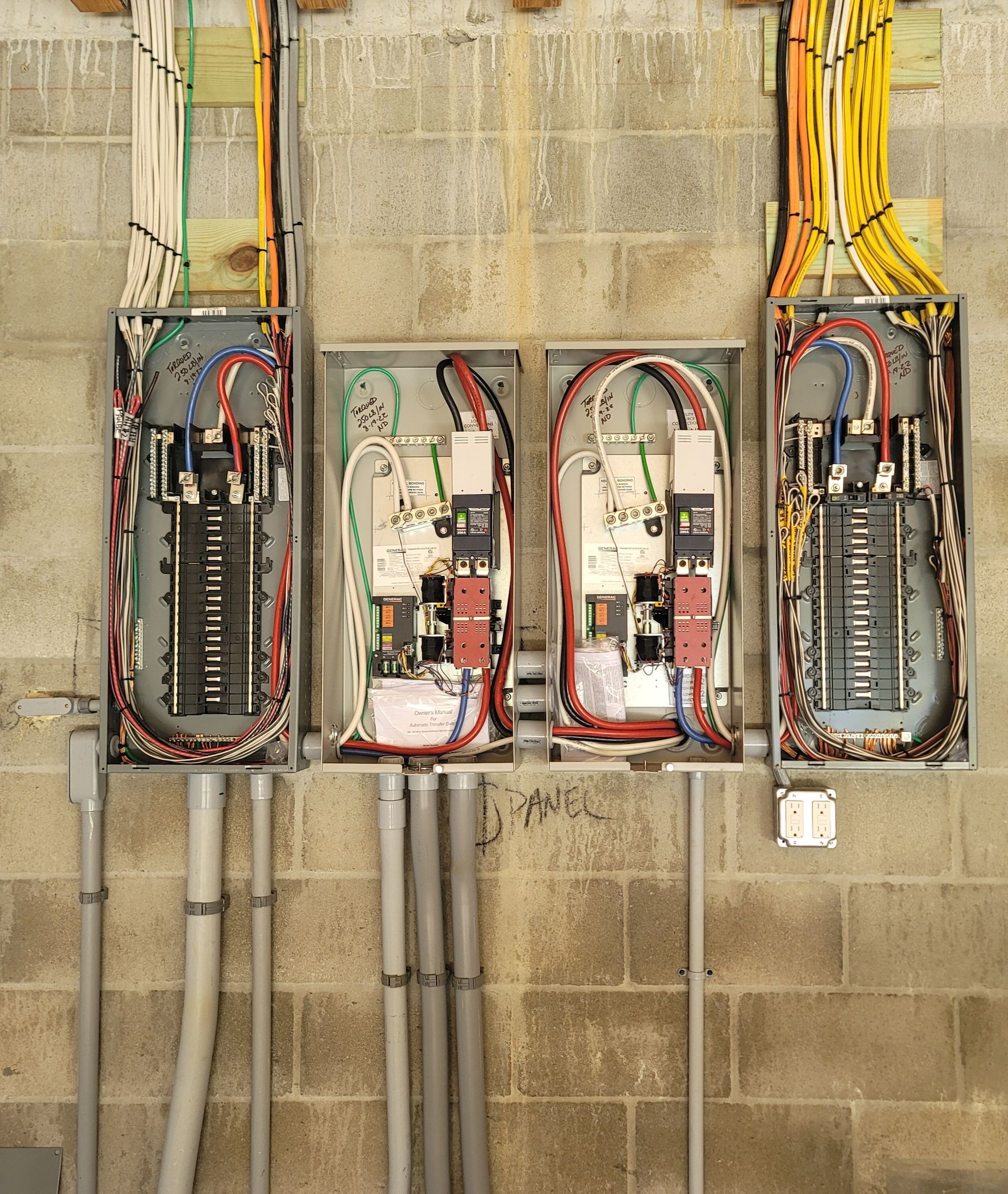 Three electrical panels on a brick wall with wires coming out of them