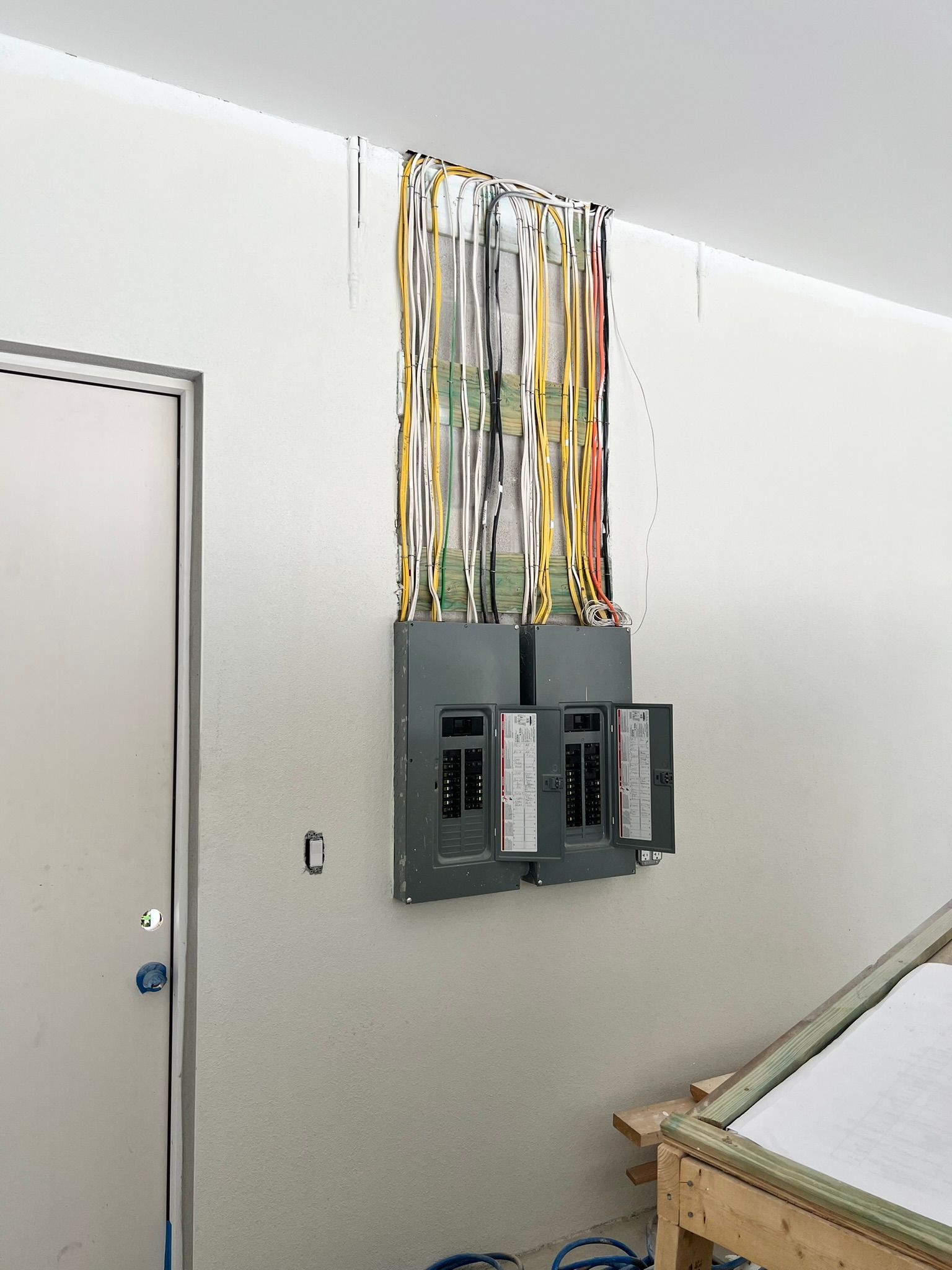A room with two electrical panels on the wall