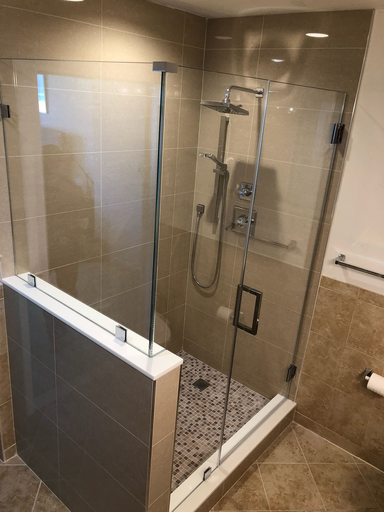 a bathroom with a walk in shower with a glass door.