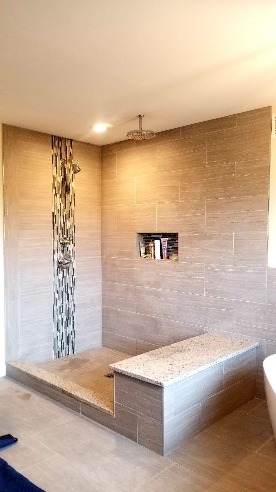 a bathroom with a walk-in shower and a toilet.