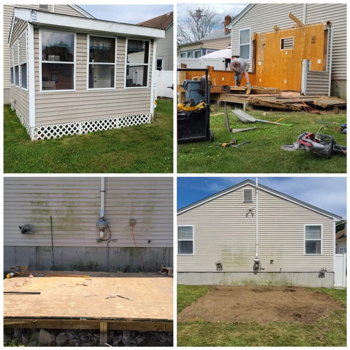 Four-panel image: Sunroom, demolition of an attached structure, back of the house with deck, and cleared dirt.