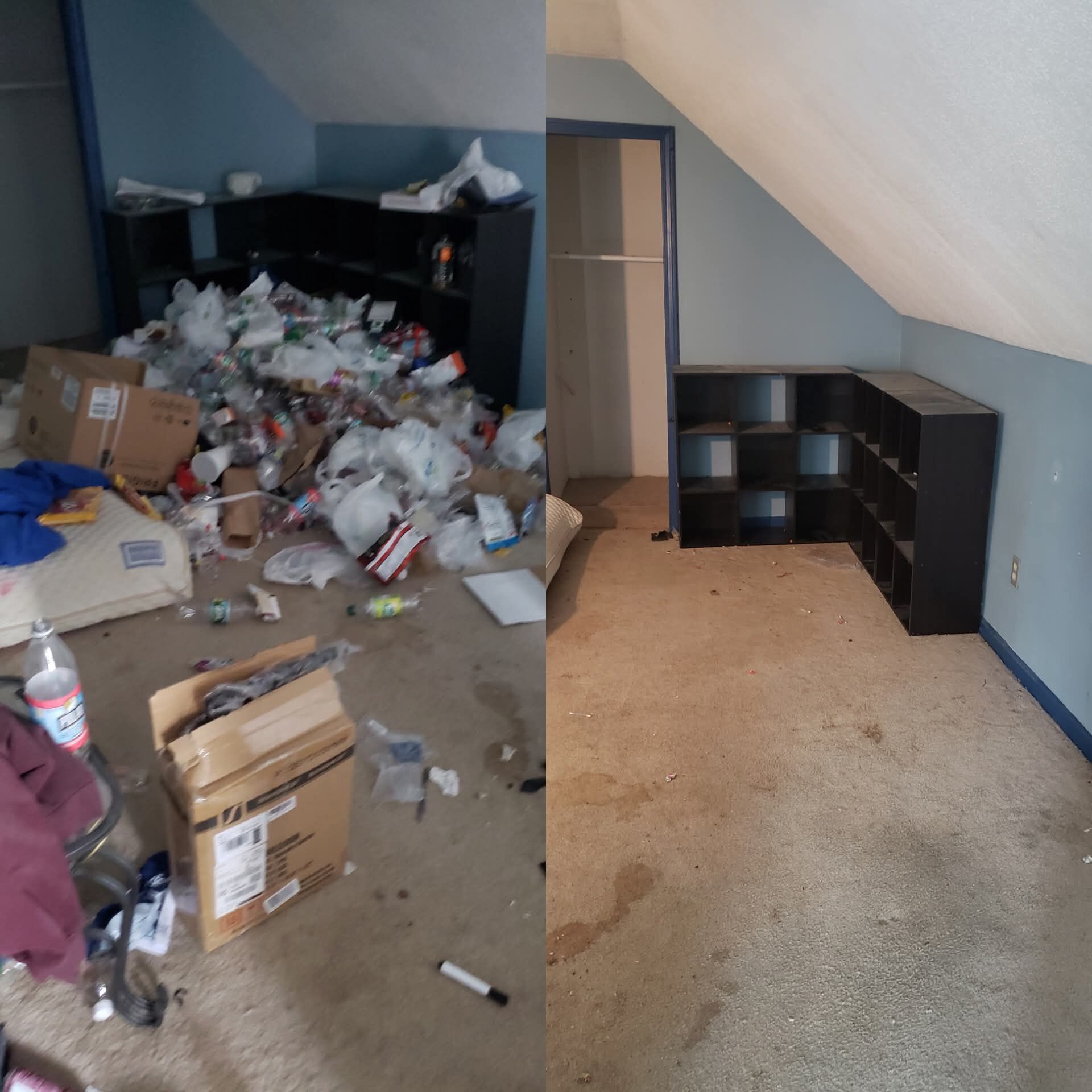 Before and after of a room. Left, cluttered; right, cleaned and organized. Black shelving on both sides.