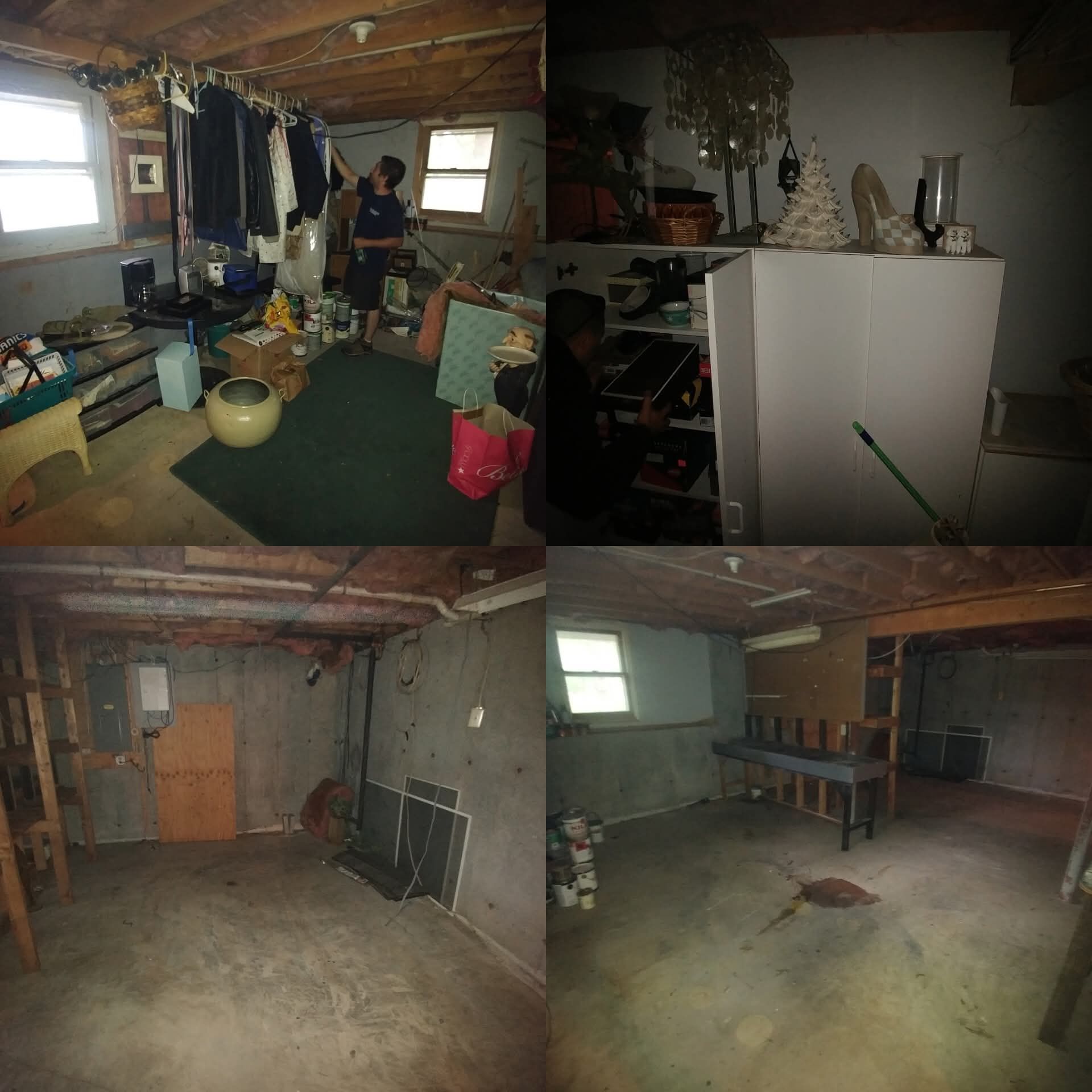 Four photos of a cluttered basement room. One has a person.  Clothes and objects fill the space. Concrete floors.