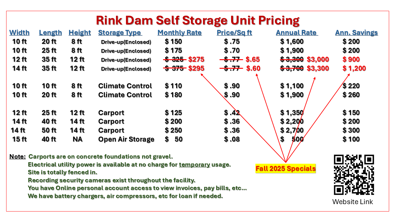 Pricing chart for Rink Dam Self Storage units: sizes, types, monthly and annual rates, with a QR code.