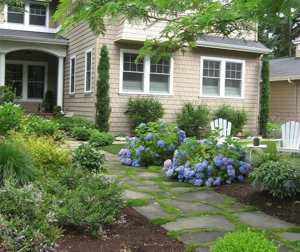 A house with a stone walkway leading to it