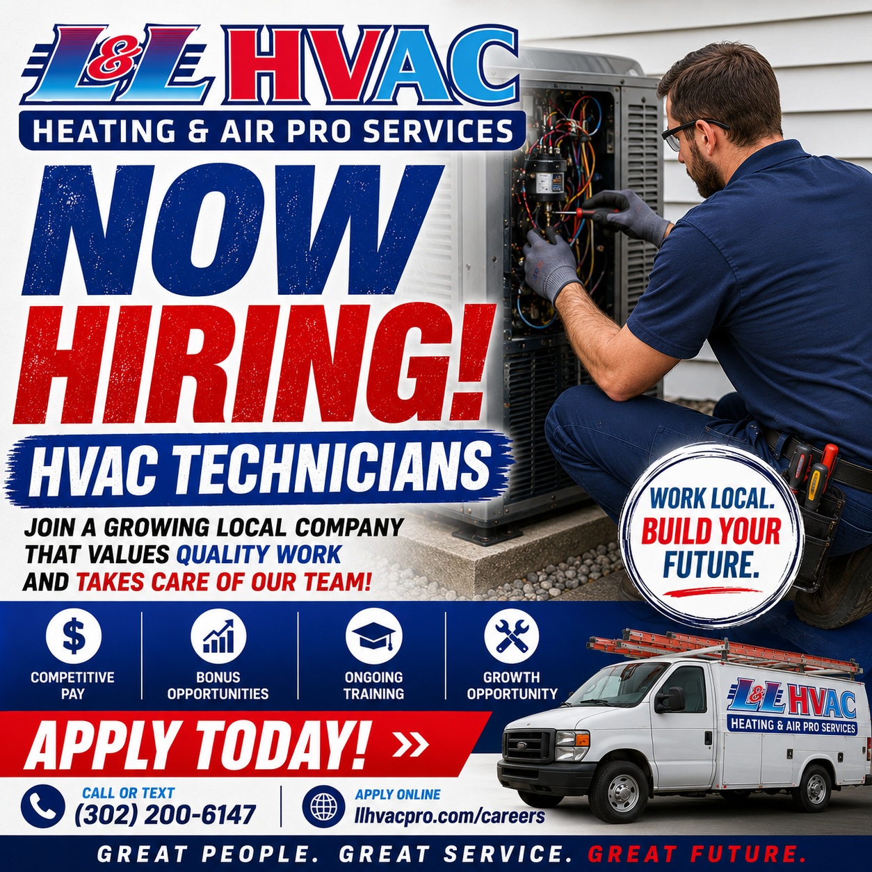L&L HVAC Employment advertising showing employment benefits and a picture of a man fixing an HVAC unit and a company van