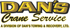 Logo for Dan's Crane Service, a division of Dan's Towing & Recovery, Ltd. Text is yellow and brown.