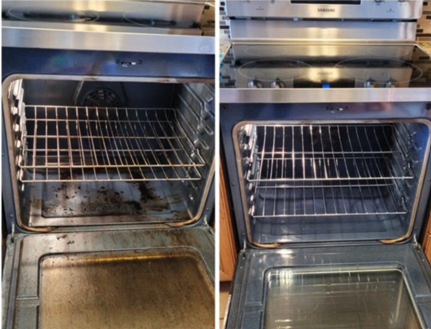 A before and after picture of an oven that is dirty and clean.