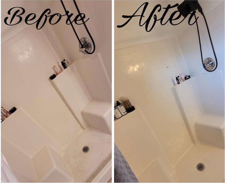 A before and after picture of a bathroom shower