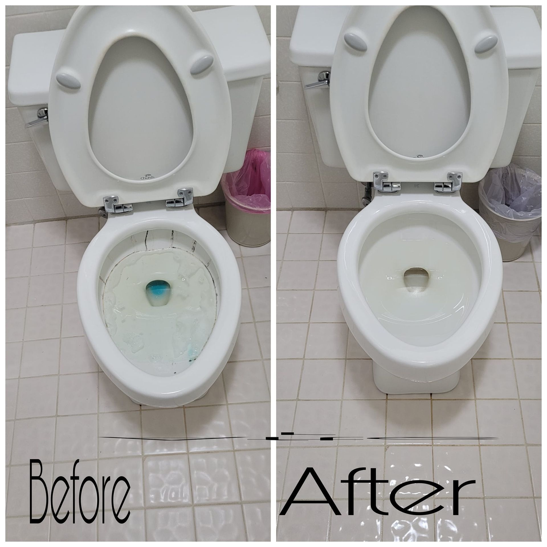 Two toilets are shown before and after being cleaned