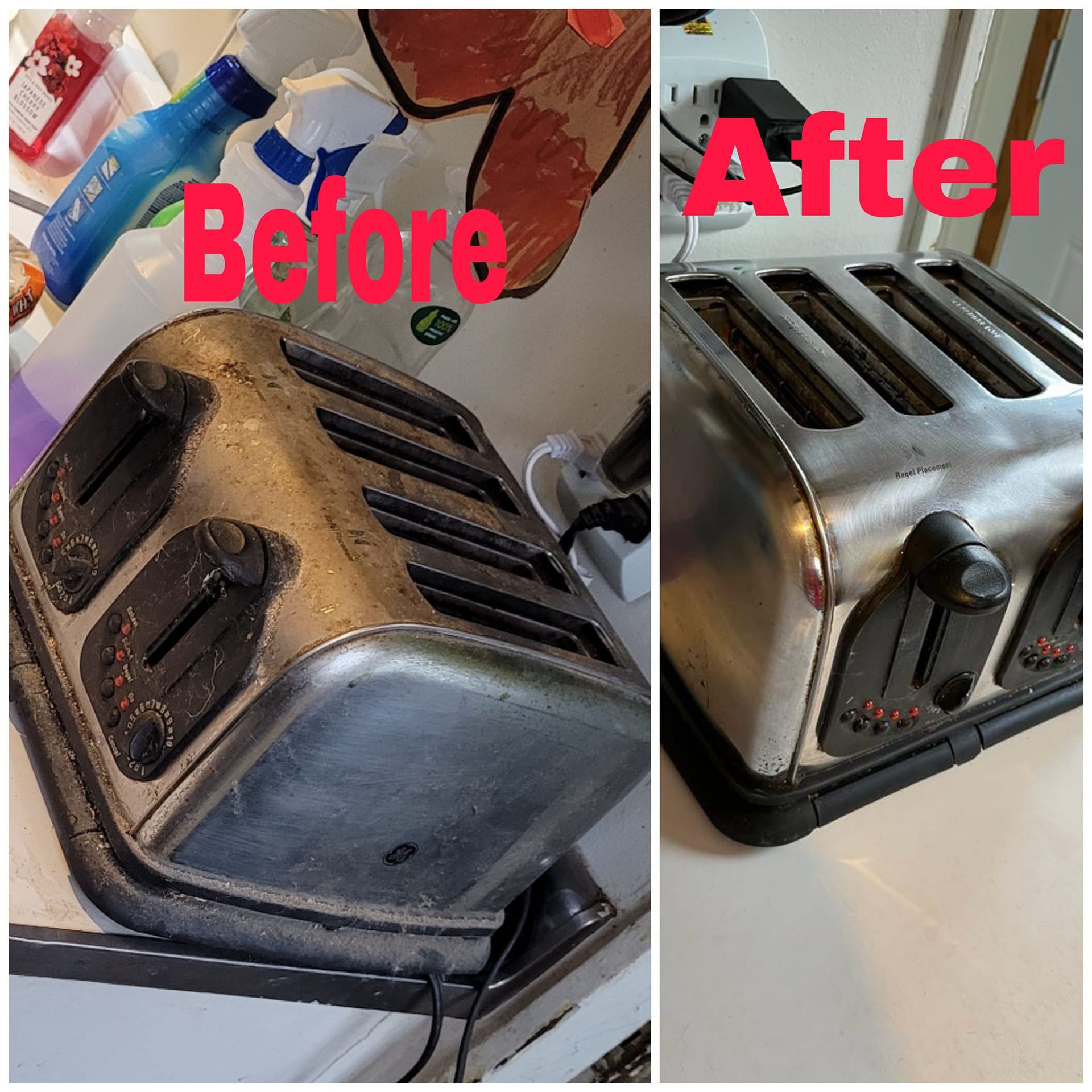 A before and after photo of a toaster on a counter.