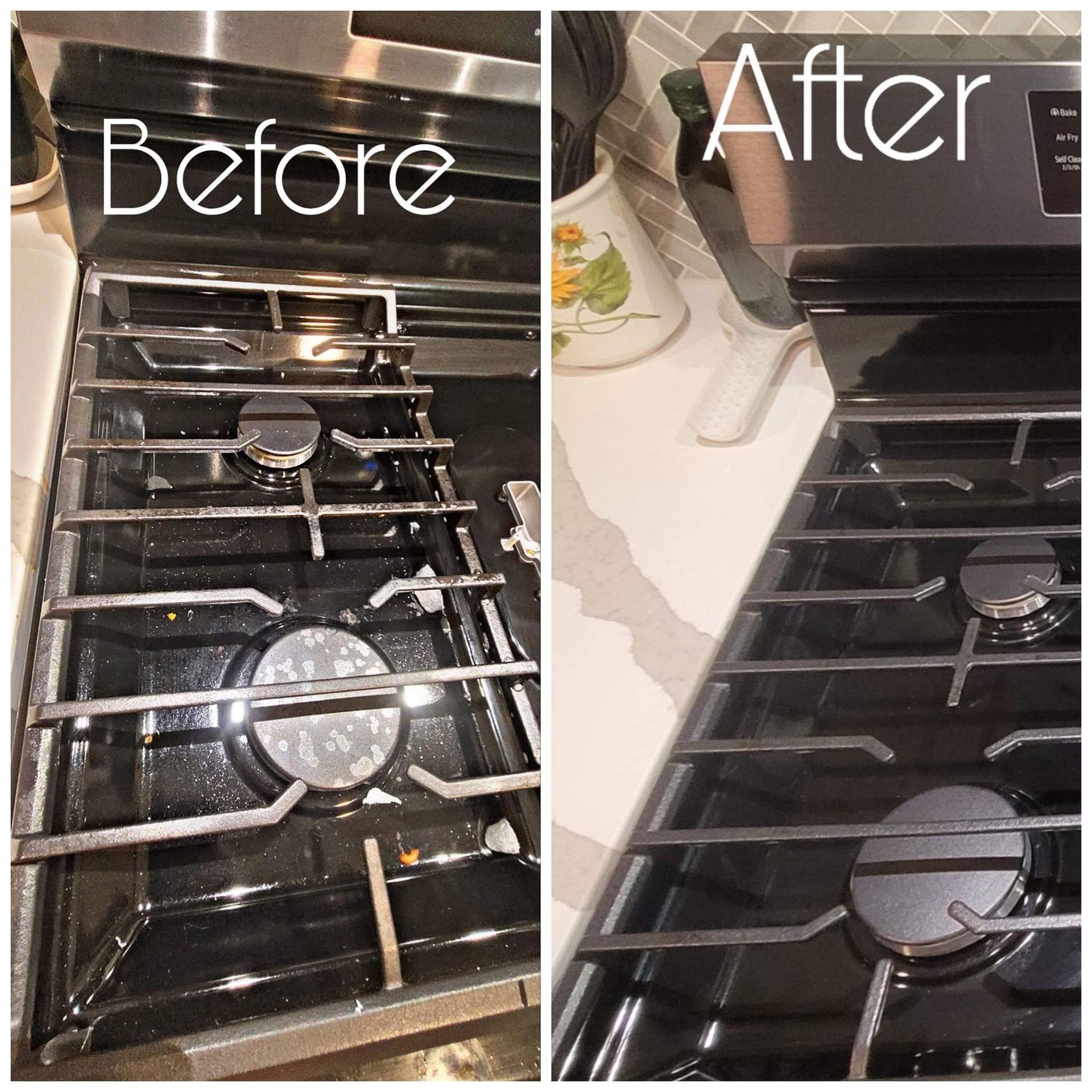 A before and after picture of a stove top oven.
