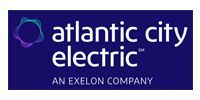 Atlantic City Electric logo on a dark blue background with a purple and blue abstract circular graphic.