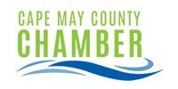 Logo for the Cape May County Chamber with green text above a stylized blue wave graphic.