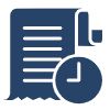 A blue icon of a document with several horizontal lines and a circular clock symbol in the bottom right corner.