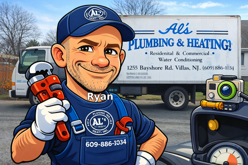 A cartoon plumber named Ryan holding a red wrench, standing in front of an Al’s Plumbing & Heating truck.