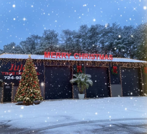 Snowy storefront with a lit Christmas tree and red “Merry Christmas” sign at night