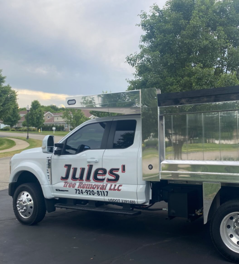 White Jules’ utility truck parked on a suburban street under cloudy skies