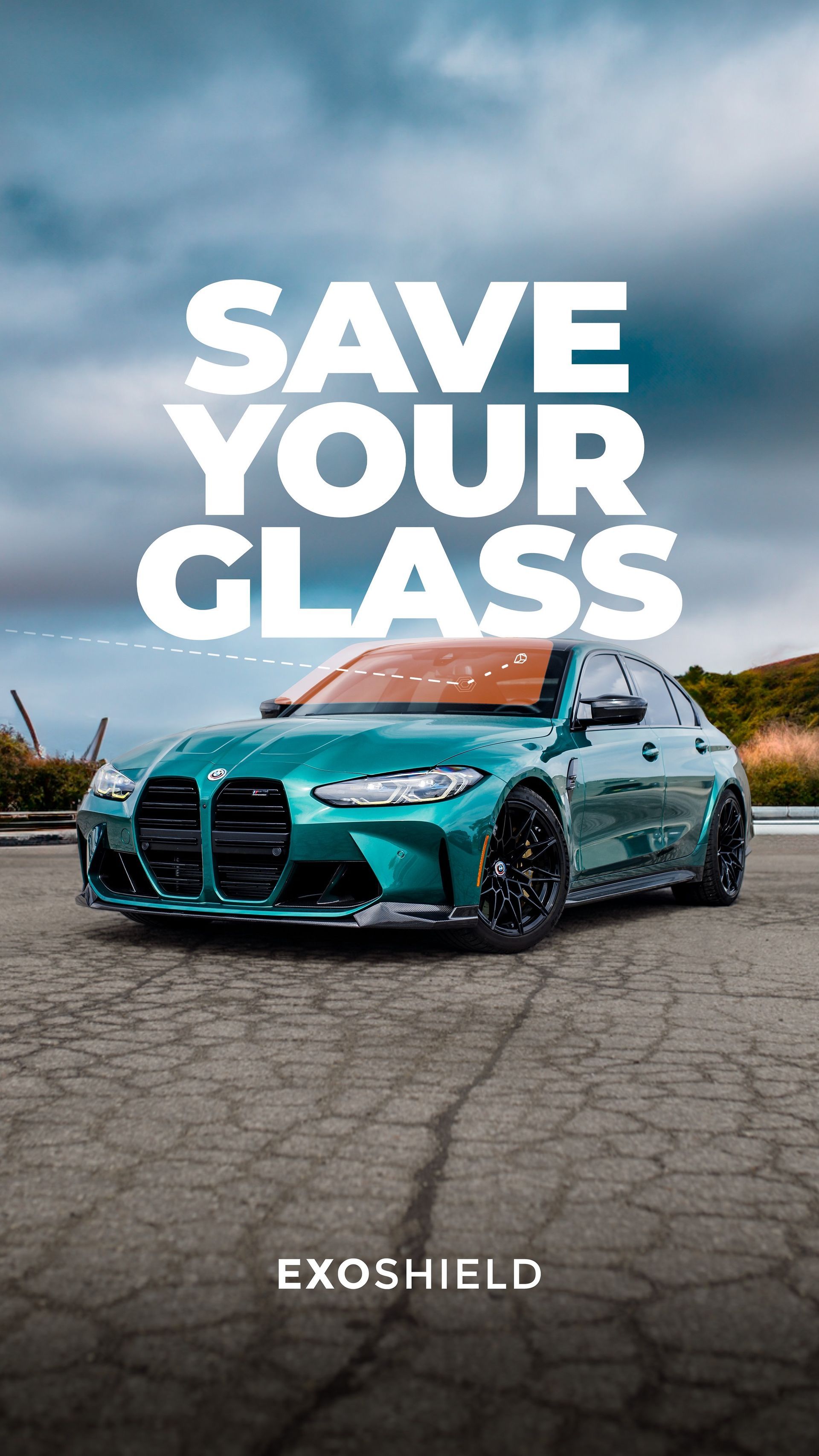 Teal sports car on a cracked road with bold text “SAVE YOUR GLASS” and “EXOSHIELD” above and below