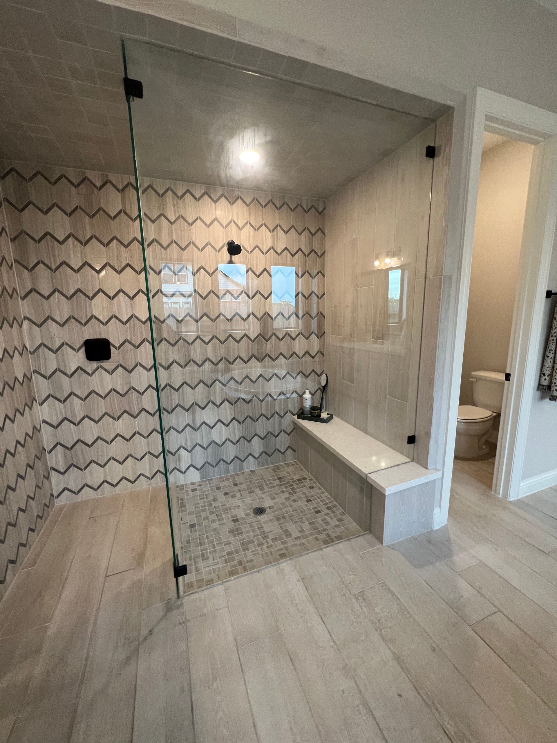 A bathroom with a walk in shower and a toilet
