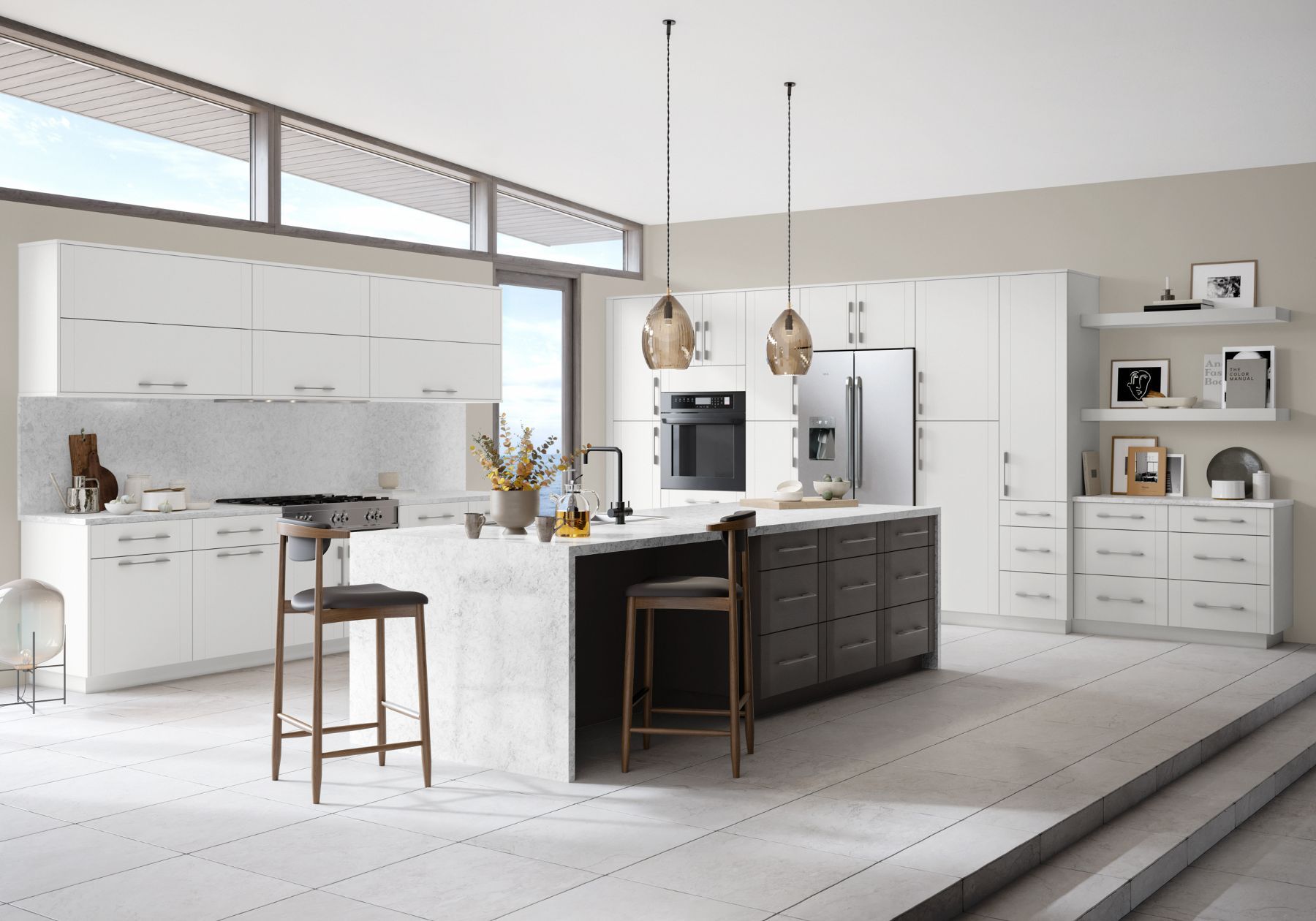 A kitchen with white cabinets and stools and a large island.