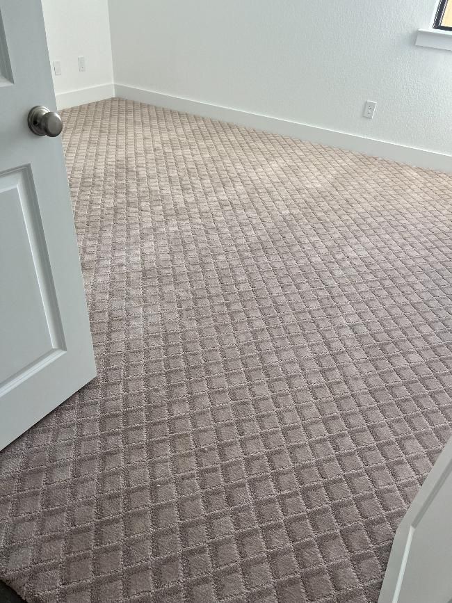 A bedroom with a pink carpet and a white door.