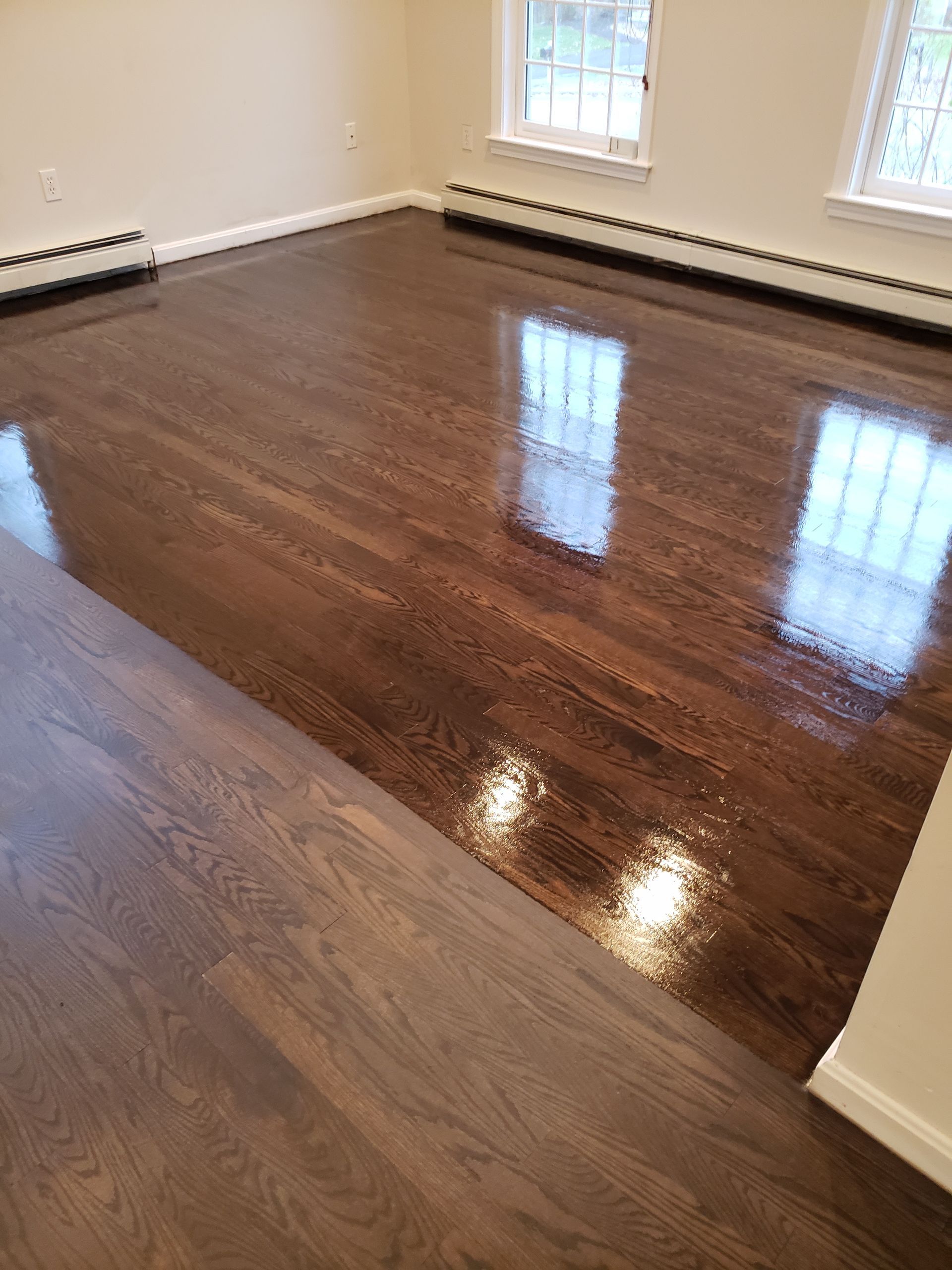 A living room with hardwood floors and two windows