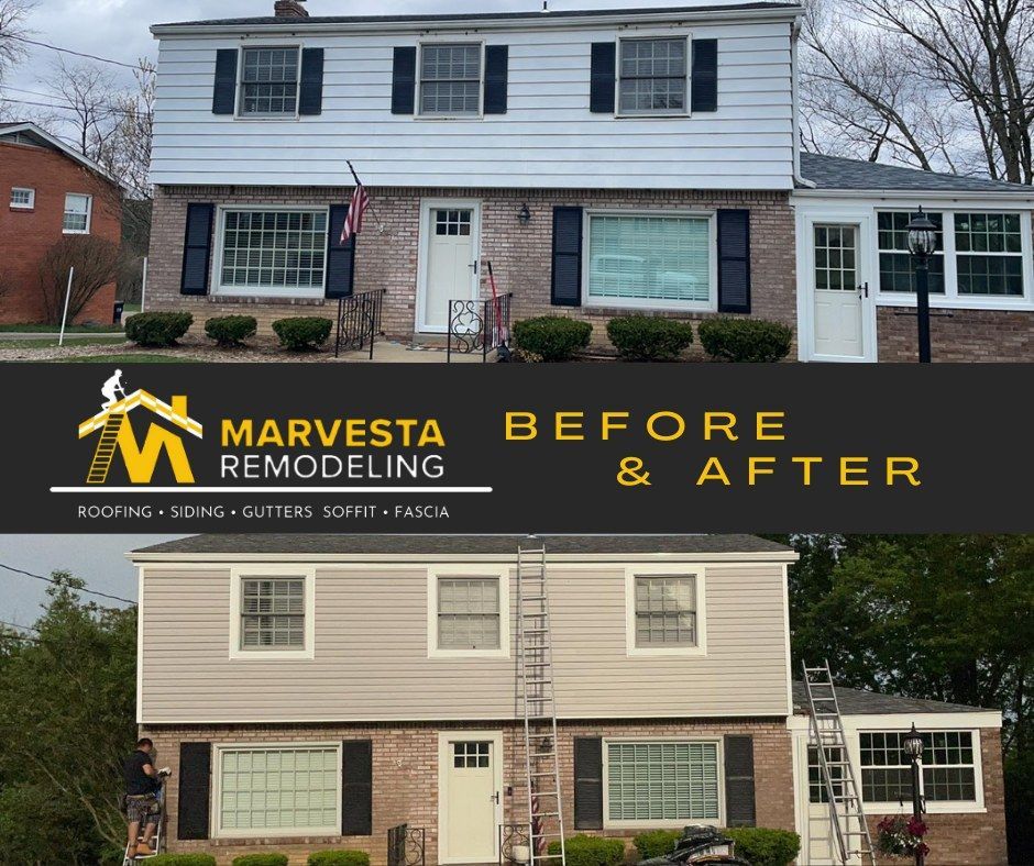 Before and after of a two-story home with siding replaced; white siding turns to light brown.