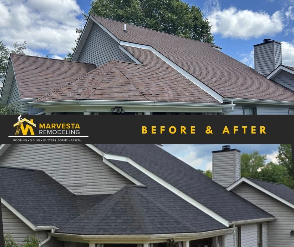 Before and after comparison of a house roof replacement by Marvesta Remodeling. New roof is black, old roof is brown.