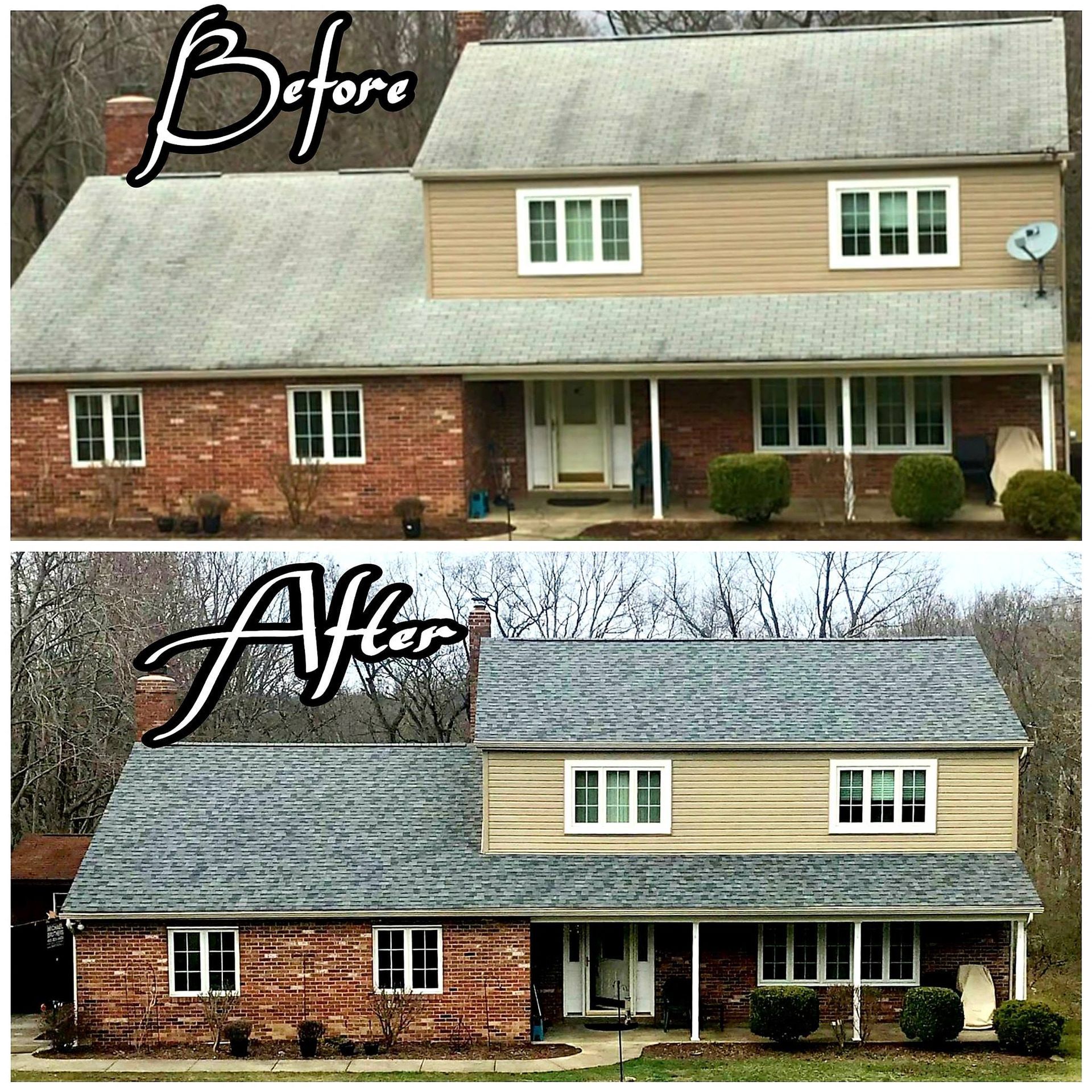 Comparison photo of a house before and after cleaning. The roof and brick siding are much cleaner in the after photo.