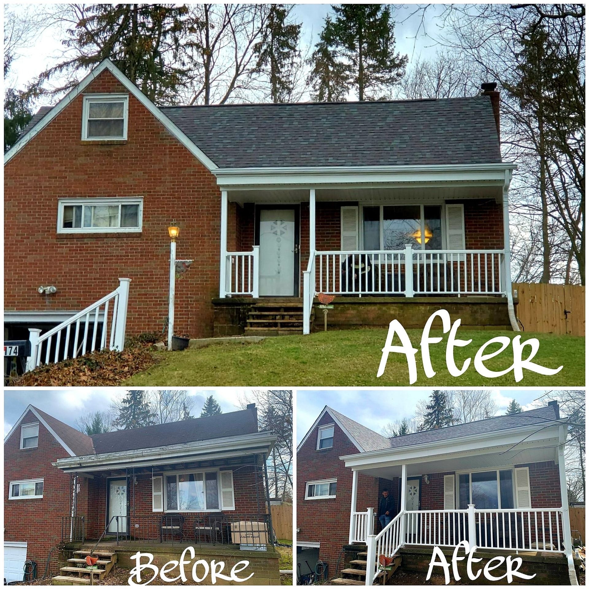 Before and after views of a brick house with a front porch, showing a cleaning and renovation. The ‘after’ shows a clean roof, updated porch, and painted railing.