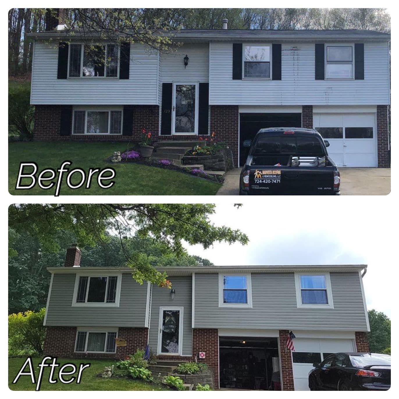 Before and after comparison of a two-story house. The