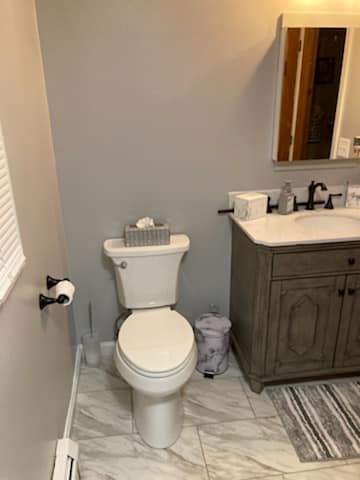 A bathroom with a toilet , sink and mirror.