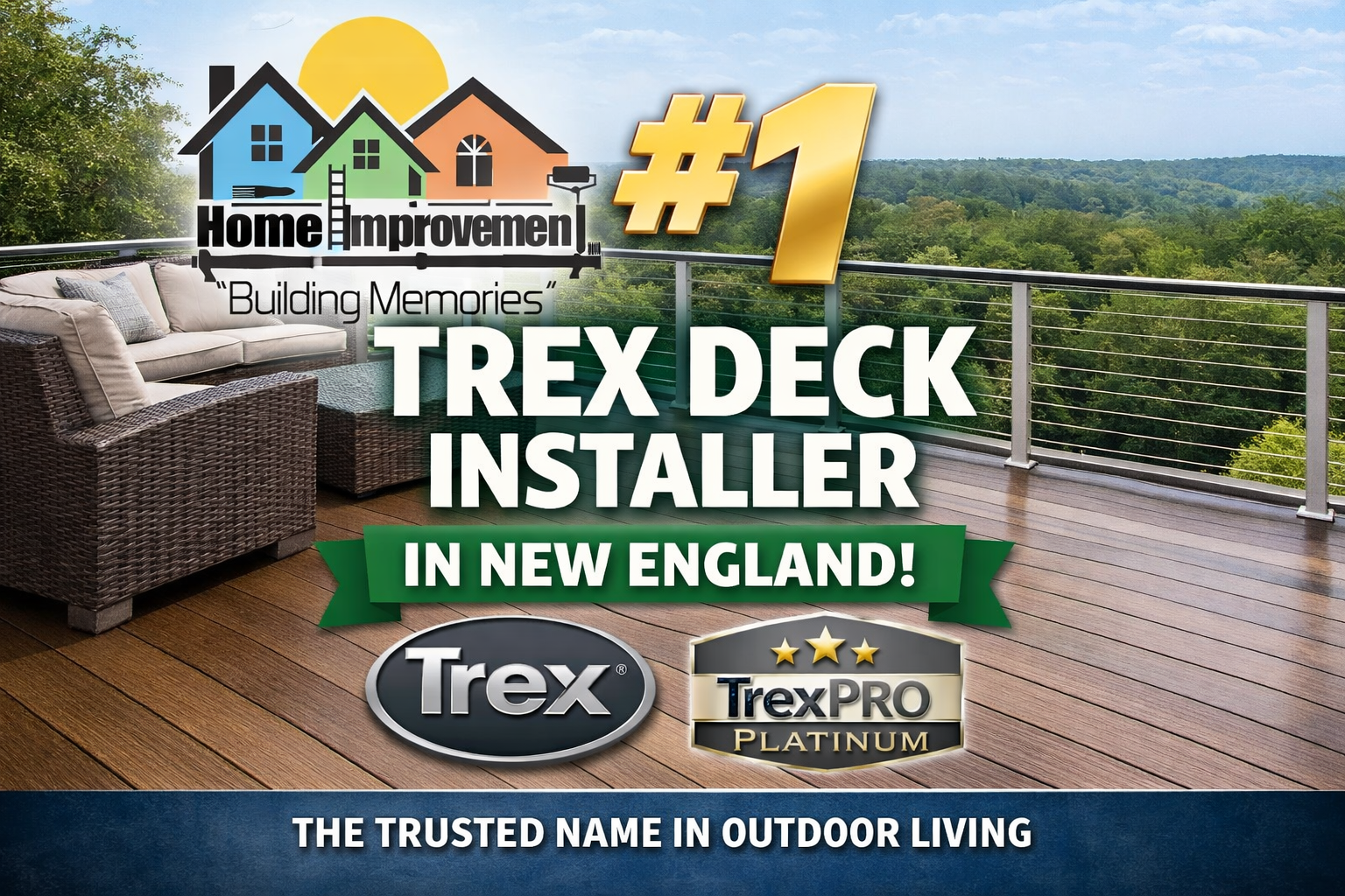 Advertisement for Trex deck installer in New England, with deck and outdoor scene.