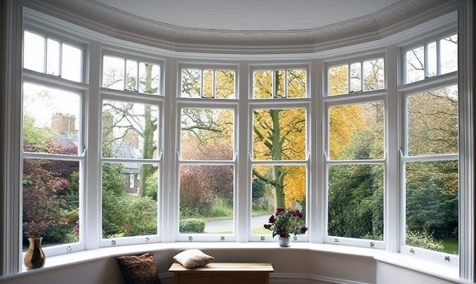 A living room with a large bay window and a table with a vase of flowers on it.