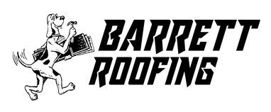 BARRETT ROOFING logo with a roofer carrying shingles and bold black text