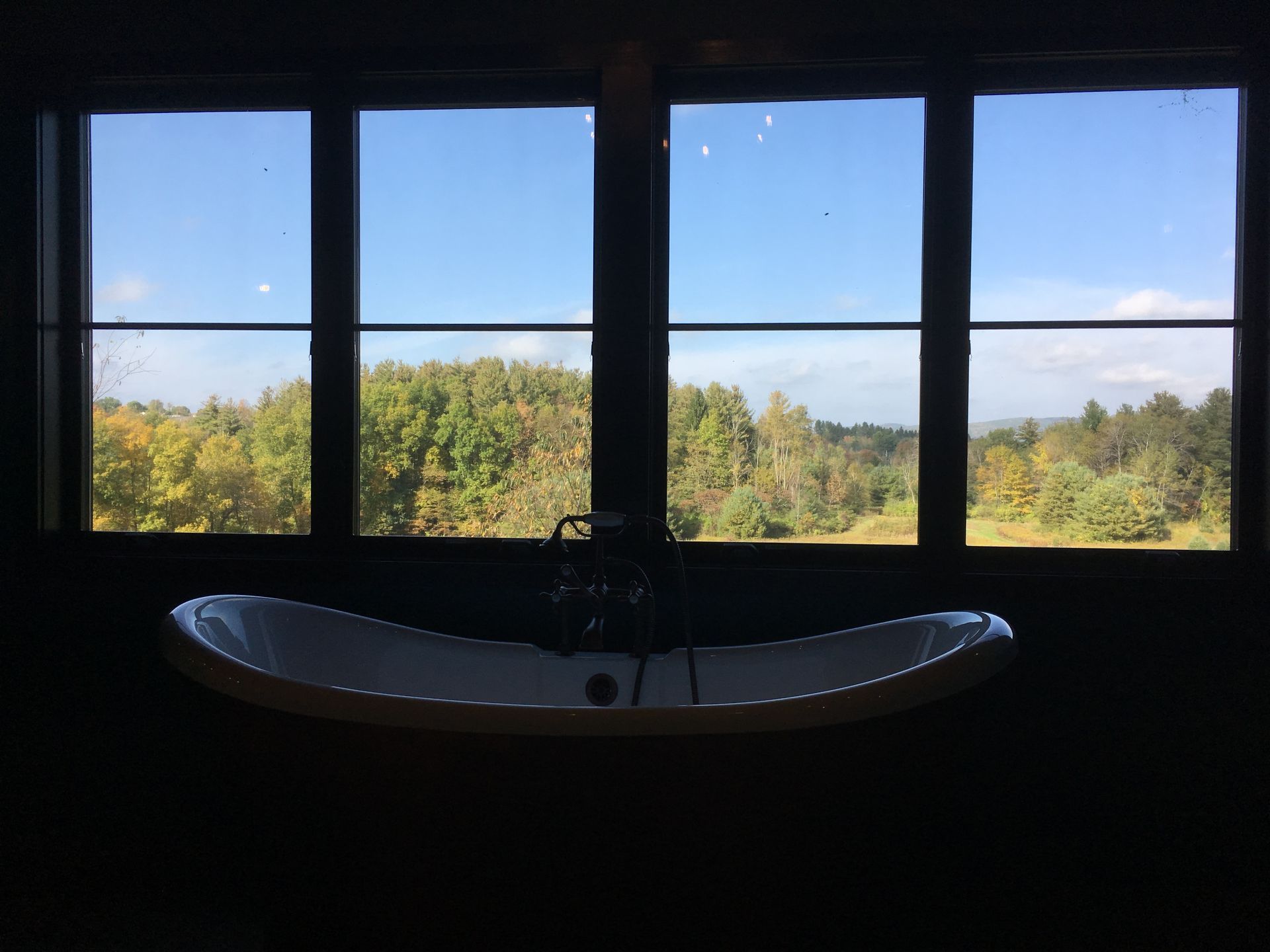 A bathtub in front of a window with a view of a forest.