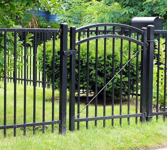 Black metal fence and arched gate with a small mailbox, in front of green shrubs and grass.