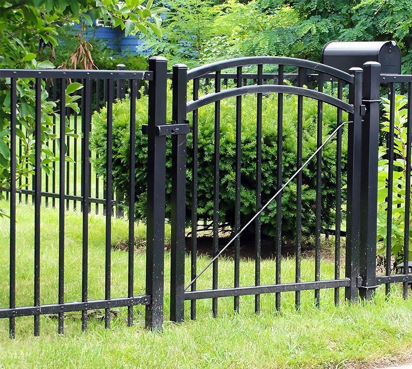 Black metal fence with arched gate; green lawn, and shrubbery in background.