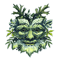 A green man with antlers and leaves on his head.