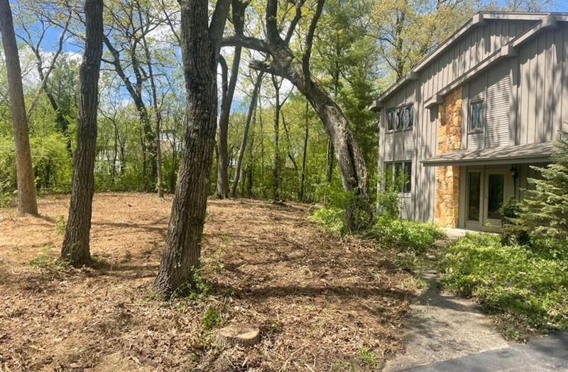 A house is sitting in the middle of a forest surrounded by trees.