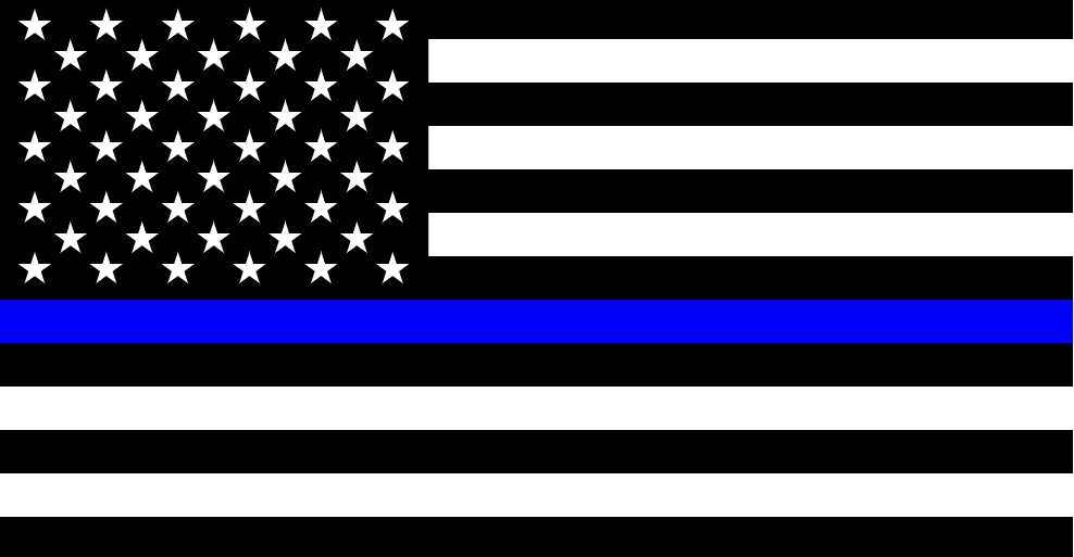 A black and white american flag with a blue stripe in the middle.
