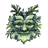 A green man with antlers and leaves on his head.