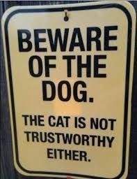 A sign that says `` beware of the dog . the cat is not trustworthy either . ''