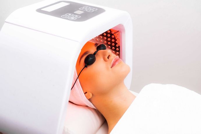 A person lying under a red LED light therapy machine while wearing protective eye goggles in a clinical setting.