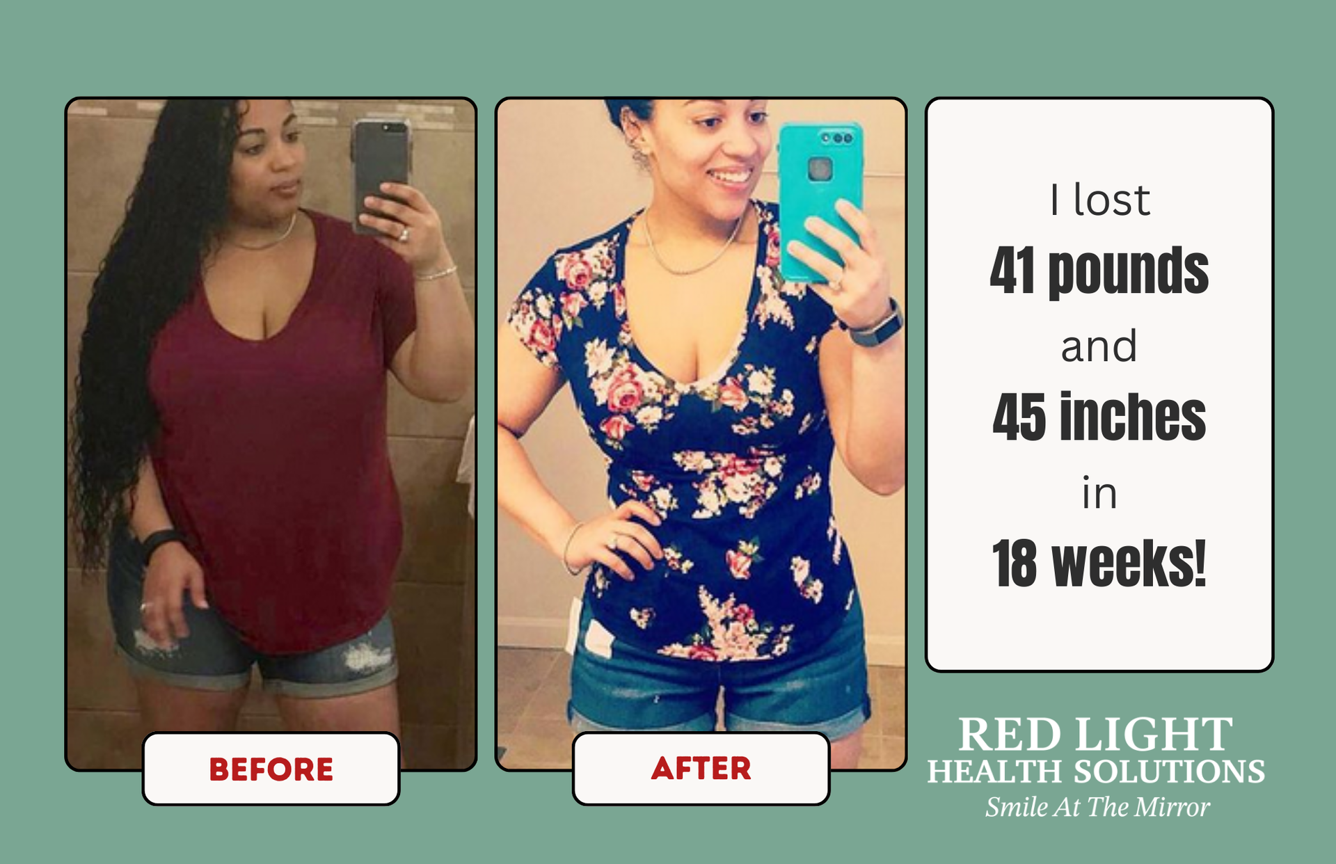 Weight loss transformation showing before and after photos of a woman, plus weight loss metrics.
