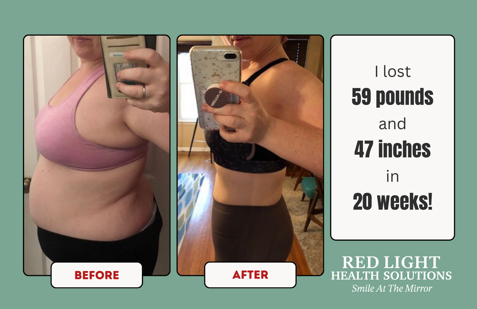Weight loss comparison: Before and after photos, showing a person's transformation with weight loss. Text indicates 59 pounds and 47 inches lost in 20 weeks.